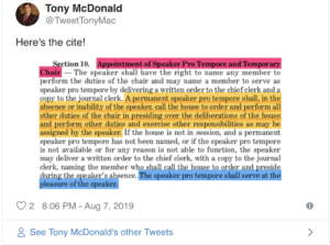 Tony McDonald Tweet: Section 10 Appointment of Speaker Pro Tempore and Temporary Chair