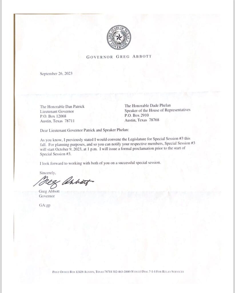 Greg Abbott Sets Third Special Session For October 9 - Texas Scorecard