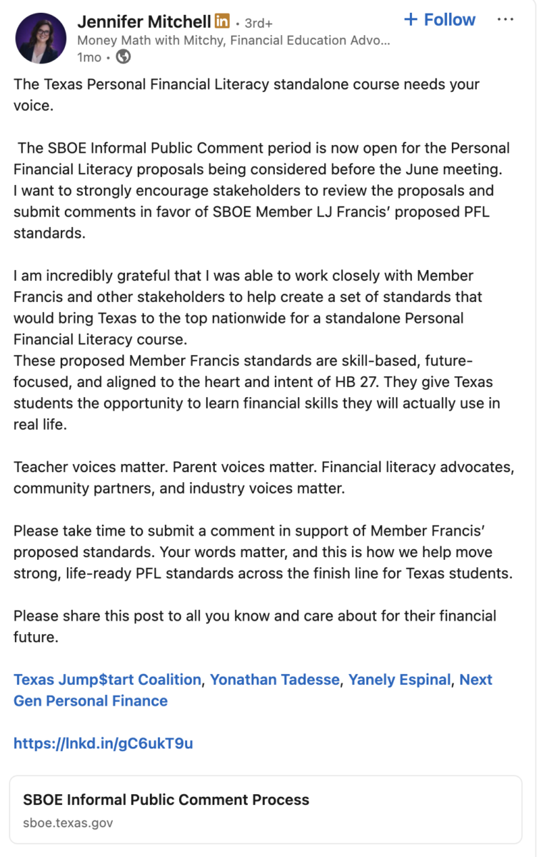 Jennifer Mitchell Post on working with SBOE Member LJ Francis.