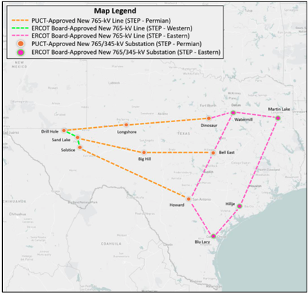 ERCOT Map of proposed 765-kV transmission lines.