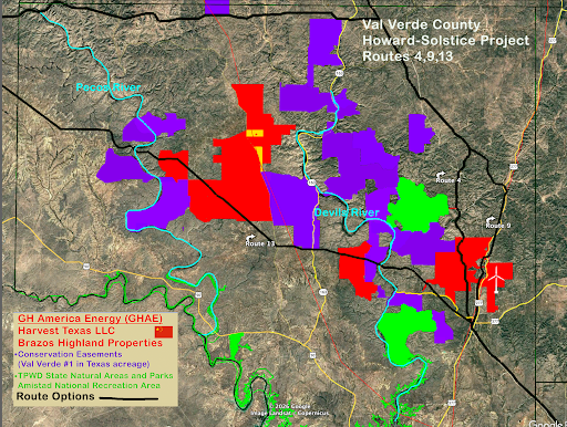 Randy Nunns' Map of Routes, Brazos Highland Properties, and Harvest Texas lands.