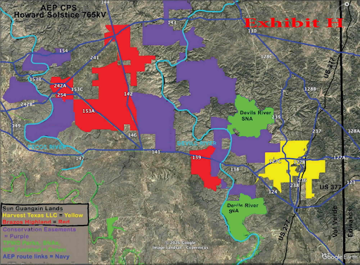 Val Verde Map of Brazos Highlands and Harvest Texas Properties and 765-kV line.